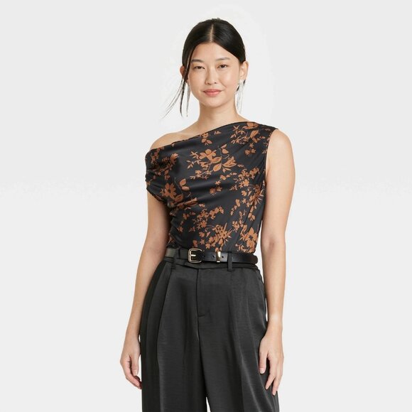 a new day Tops - Medium - Womens Draped One Shoulder Tank Top - A New Day - Black Floral